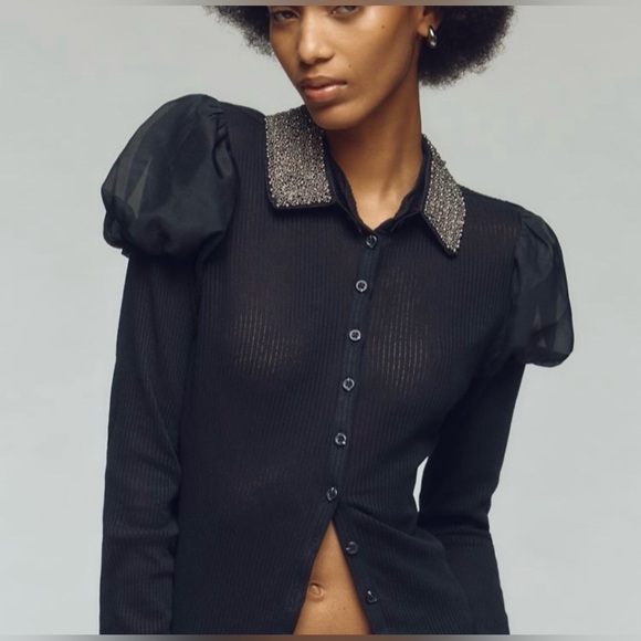 NWT Anthropologie Maeve Puff-Sleeve Buttondown Rhinestone Collar Shirt, Size XS - Picture 3 of 6